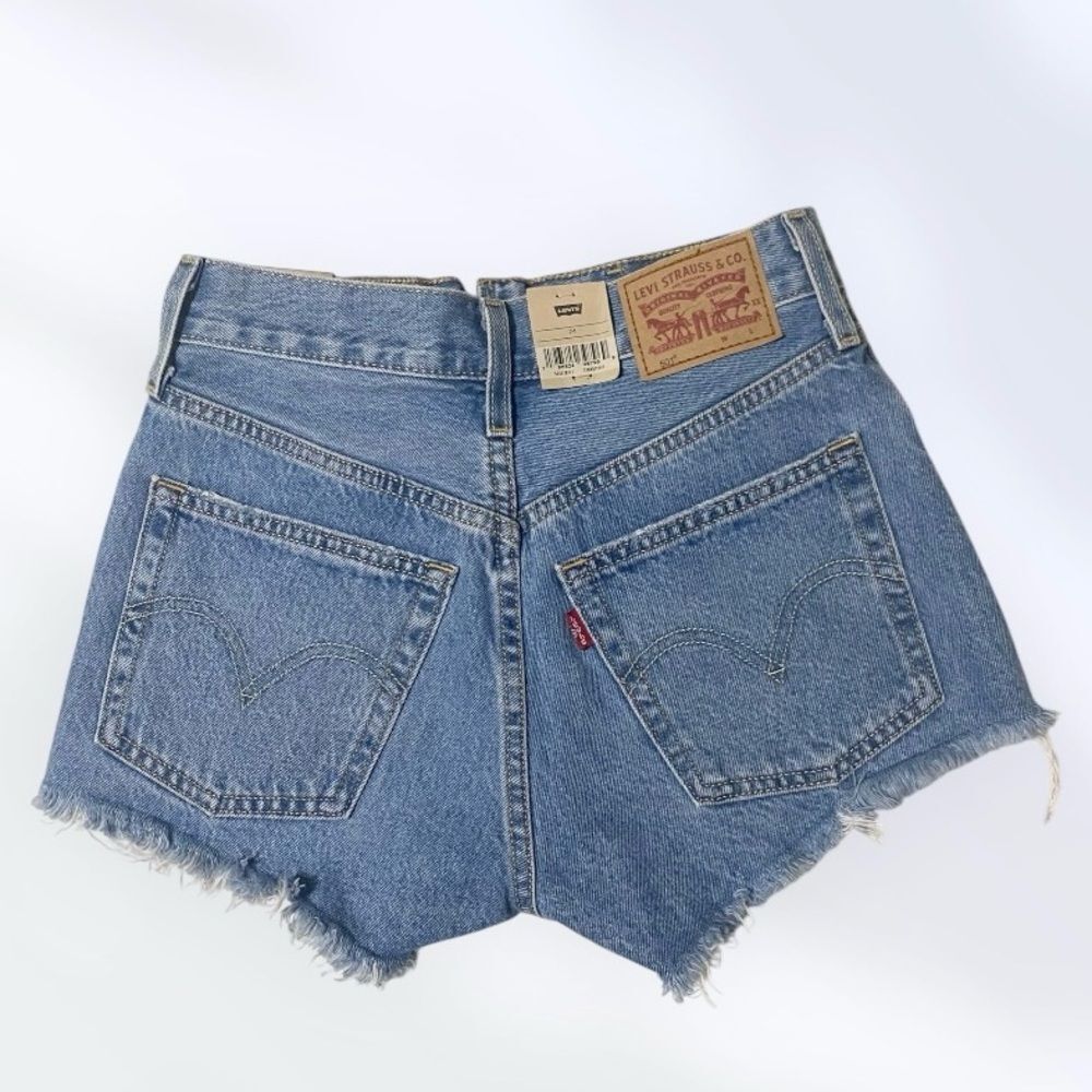 LEVI’S Shorts NWT 501 High Rise Ripped Button Fly In Quiet Riot Blue Size 24 - Picture 5 of 10